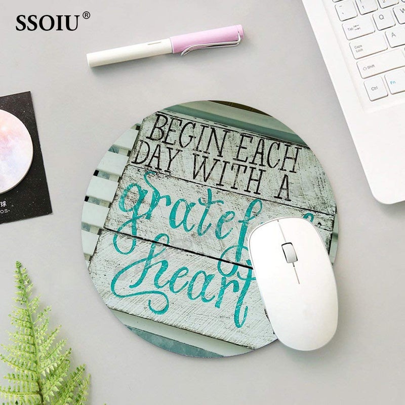 SSOIU Motivational and Inspirational Quote Mouse pad Custom, Begin Each Day with a Grateful Heart Wood Signs with Sayings,Vintage Wood Personalized Design Non-Slip Rubber Round Mousepad - Image 4